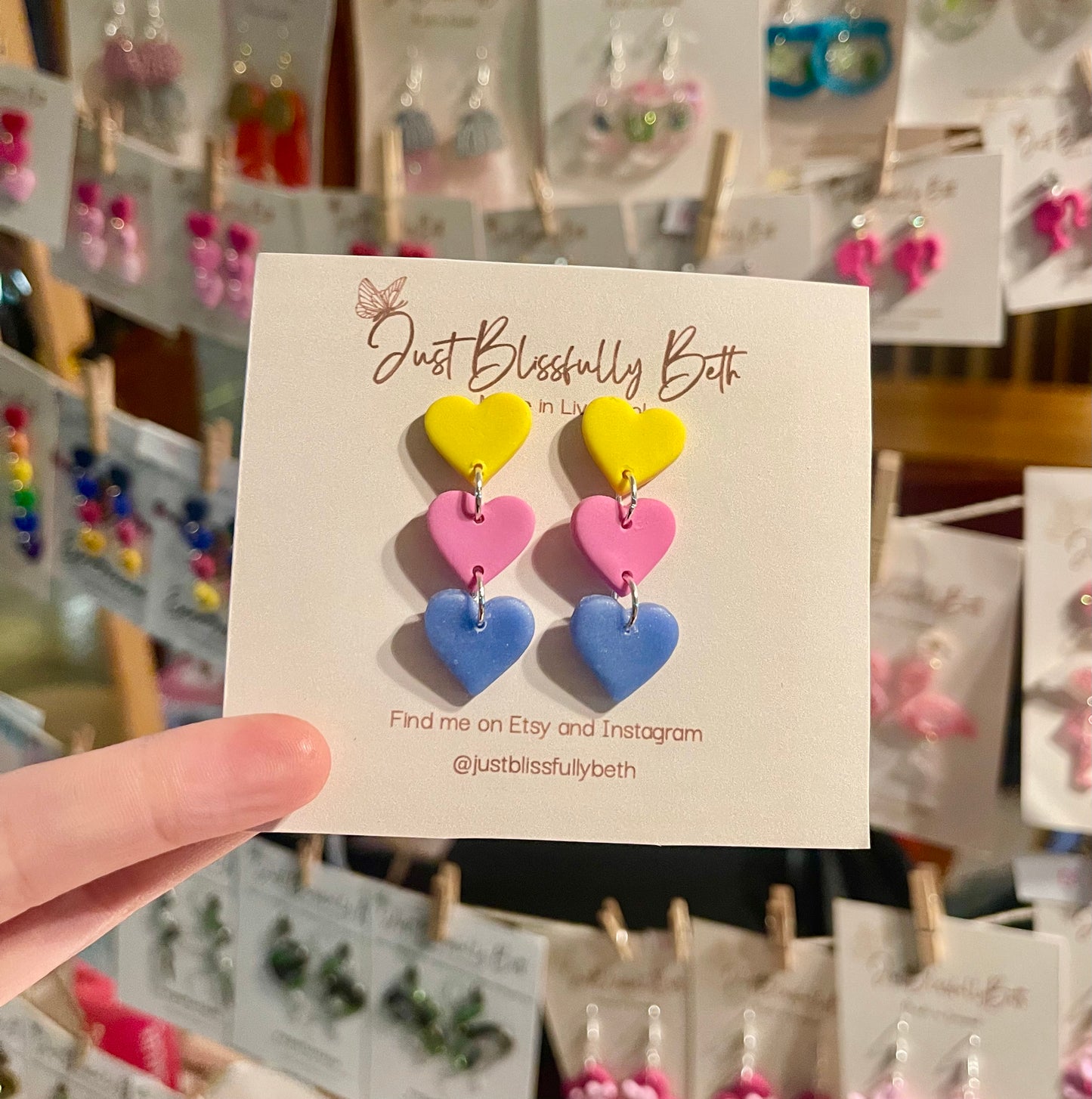 Yellow pink blue  -Clay Heart Stack Earrings