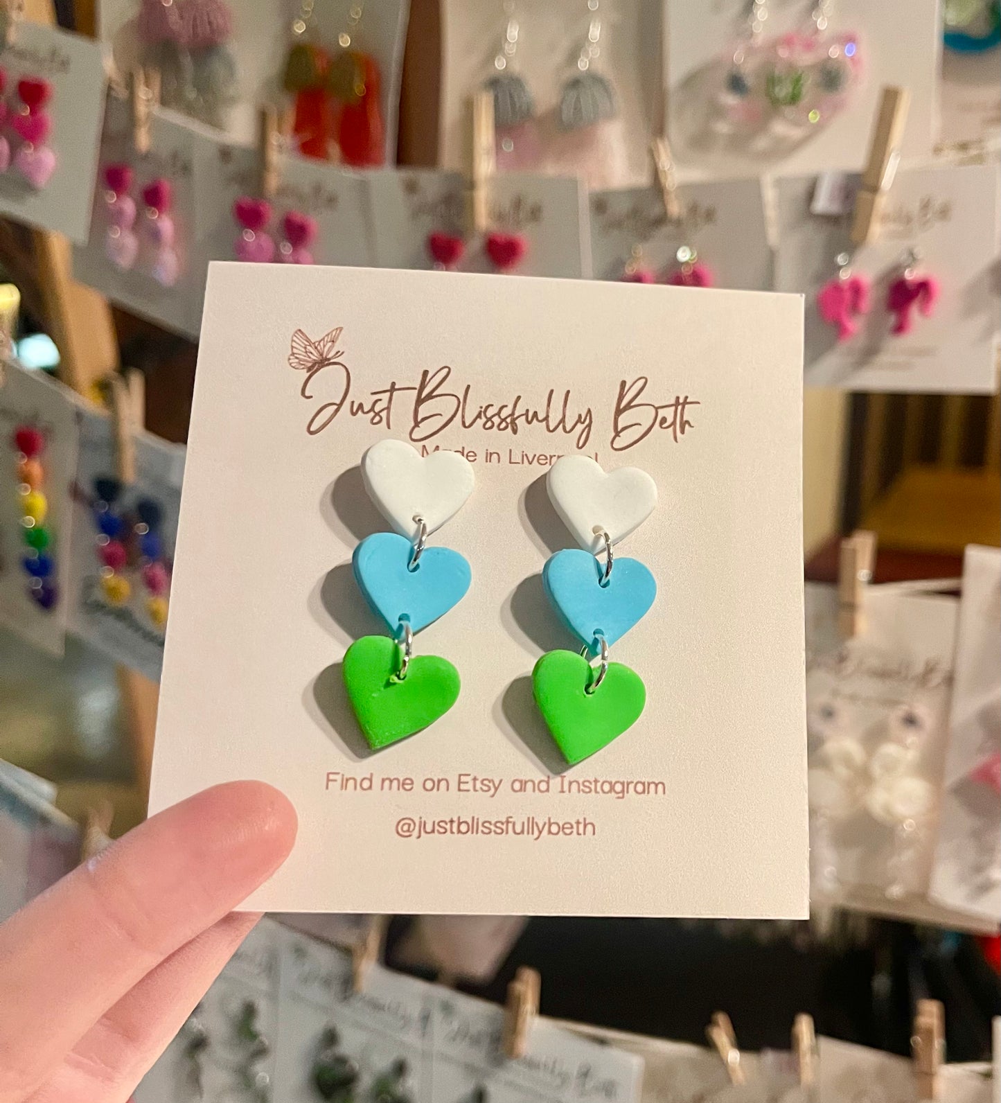 White Blue and green -Clay Heart Stack Earrings